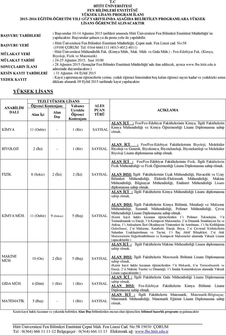 BAġVURU YERĠ : Hitit Üniversitesi Fen Bilimleri Enstitüsü Müdürlüğü, Çepni mah. Fen Lisesi cad. No:58 (19100 ÇORUM Tel: 0364-6661111 /4013-4012-4011) MÜLAKAT YERĠ : Hitit Üniversitesi Mühendislik Fak.