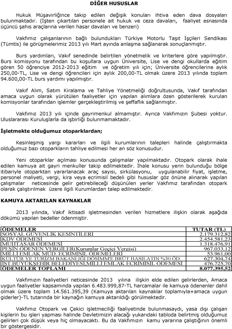 İşçileri Sendikası (Tümtis) ile görüşmelerimiz 2013 yılı Mart ayında anlaşma sağlanarak sonuçlanmıştır. Burs yardımları, Vakıf senedinde belirtilen yönetmelik ve kriterlere göre yapılmıştır.