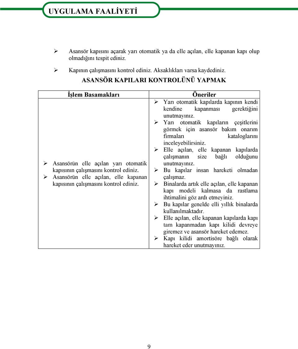 Asansörün elle açılan, elle kapanan kapısının çalıģmasını kontrol ediniz. Öneriler Yarı otomatik kapılarda kapının kendi kendine kapanması gerektiğini unutmayınız.