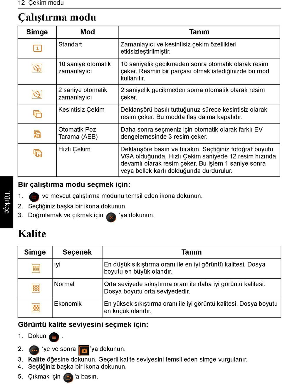 2 saniyelik gecikmeden sonra otomatik olarak resim çeker. Deklanşörü basılı tuttuğunuz sürece kesintisiz olarak resim çeker. Bu modda flaş daima kapalıdır.