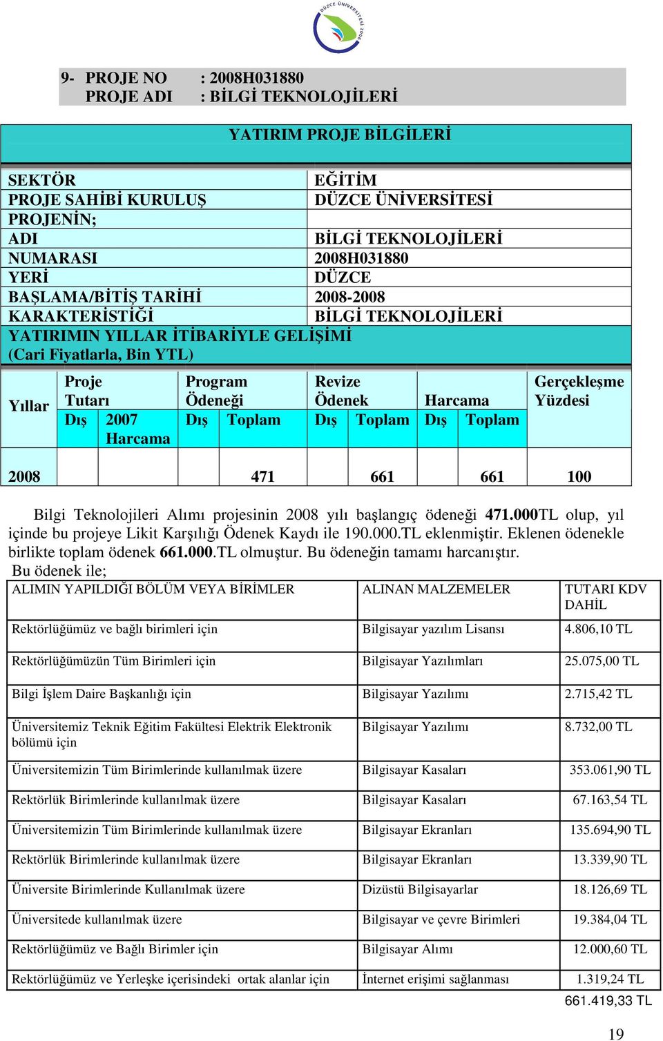 Toplam Dış Toplam Dış Toplam Yüzdesi 2008 471 661 661 100 Bilgi Teknolojileri Alımı projesinin 2008 yılı başlangıç ödeneği 471.000TL olup, yıl içinde bu projeye Likit Karşılığı Ödenek Kaydı ile 190.