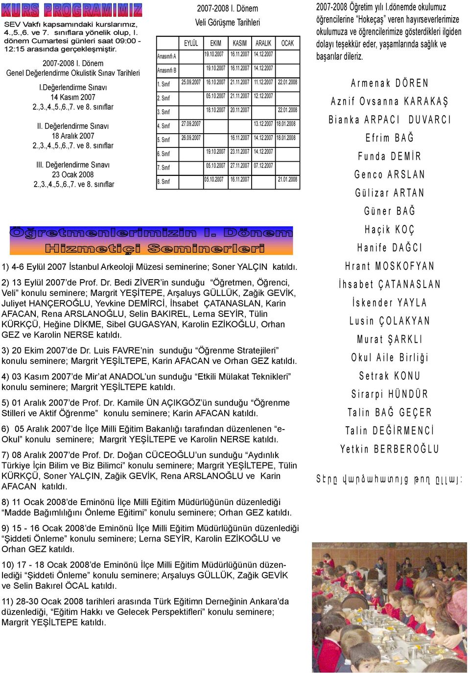 Değerlendirme Sınavı 23 Ocak 2008 2.,3.,4.,5.,6.,7. ve 8. sınıflar 2007-2008 I. Dönem Veli Görüşme Tarihleri EYLÜL EKIM KASIM ARALIK OCAK Anasınıfı A 19.10.2007 16.11.2007 14.12.2007 Anasınıfı B 19.