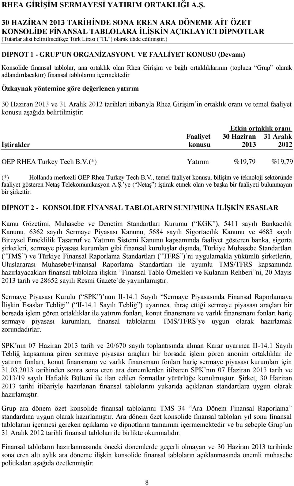 belirtilmiştir: Etkin ortaklık oranı Faaliyet 30 Haziran 31 Aralık İştirakler konusu 2013 2012 OEP RHEA Turkey Tech B.V.