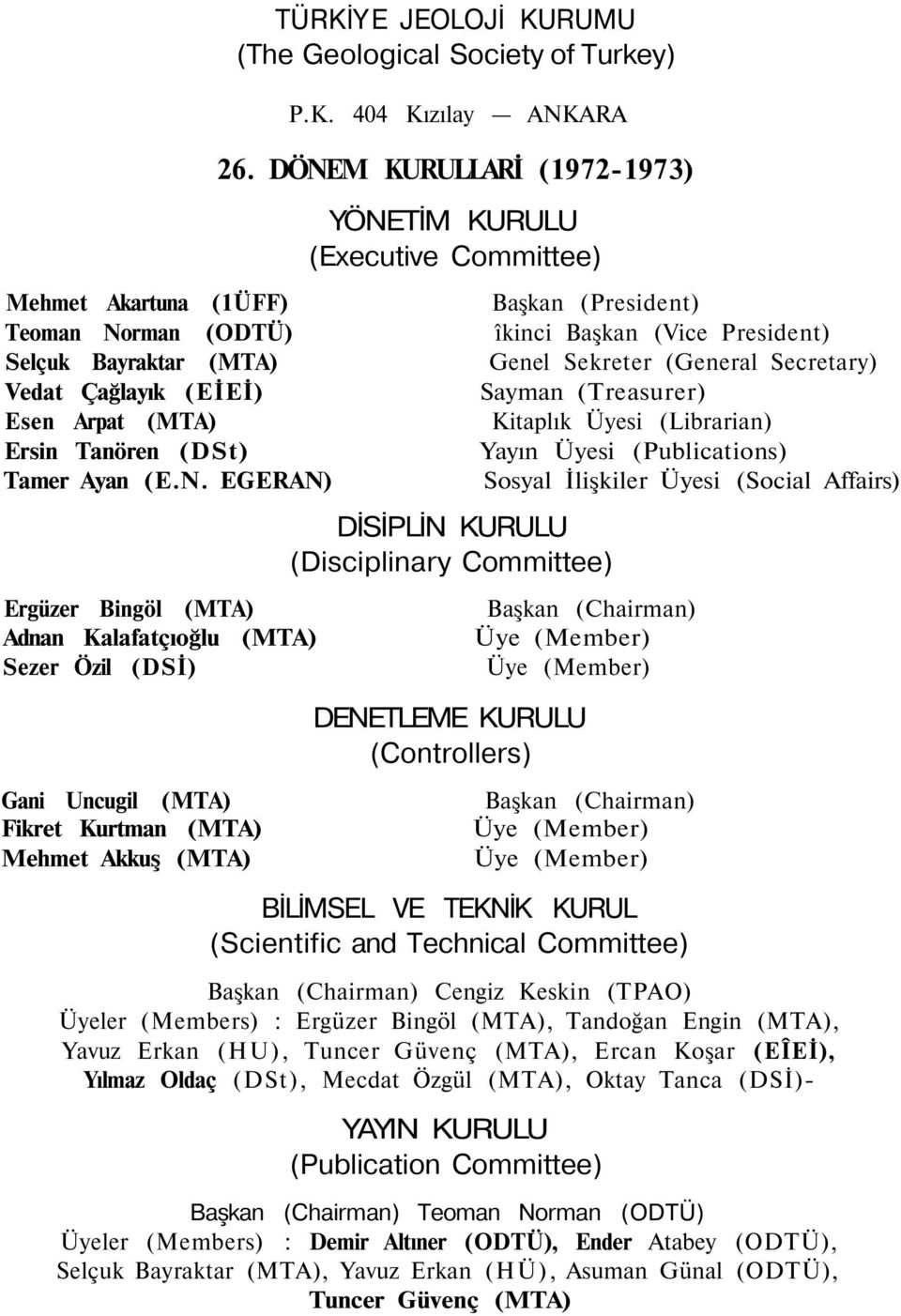 (General Secretary) Vedat Çağlayık (EİEİ) Sayman (Treasurer) Esen Arpat (MTA) Kitaplık Üyesi (Librarian) Ersin Tanören (DSt) Yayın Üyesi (Publications) Tamer Ayan (E.N.