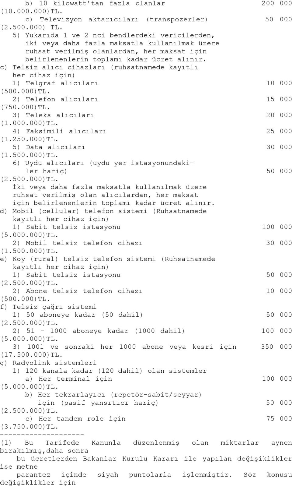 c) Telsiz alıcı cihazları (ruhsatnamede kayıtlı her cihaz için) 1) Telgraf alıcıları 10 000 2) Telefon alıcıları 15 000 (750.000)TL. 3) Teleks alıcıları 20 000 (1.000.000)TL. 4) Faksimili alıcıları 25 000 (1.