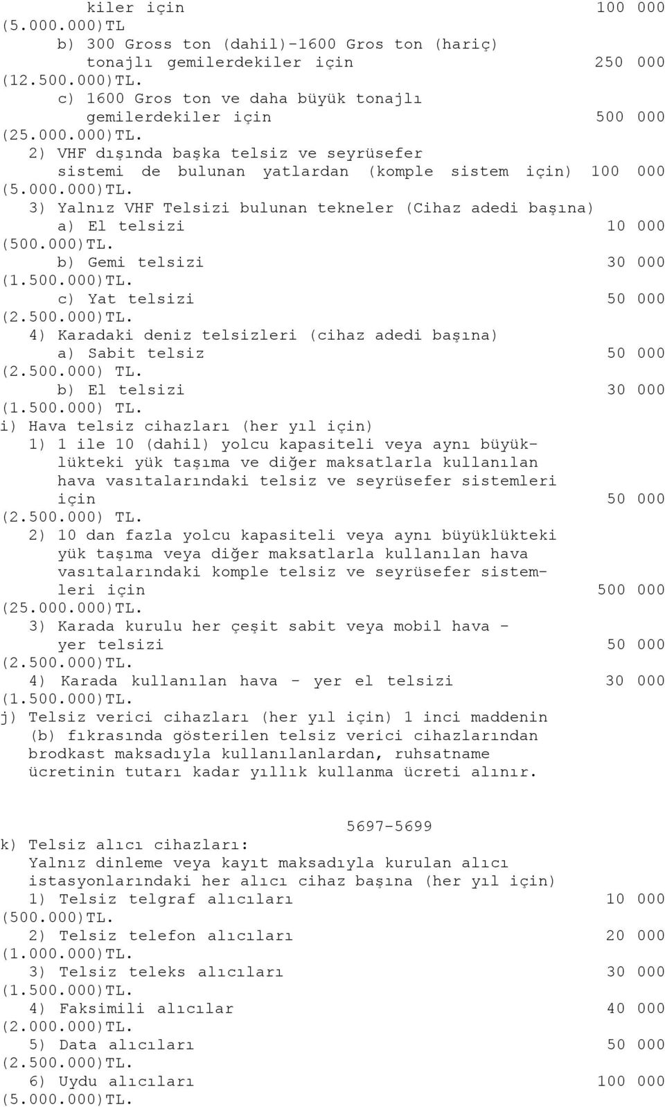 2) VHF dışında başka telsiz ve seyrüsefer sistemi de bulunan yatlardan (komple sistem için) 100 000 3) Yalnız VHF Telsizi bulunan tekneler (Cihaz adedi başına) a) El telsizi 10 000 b) Gemi telsizi 30