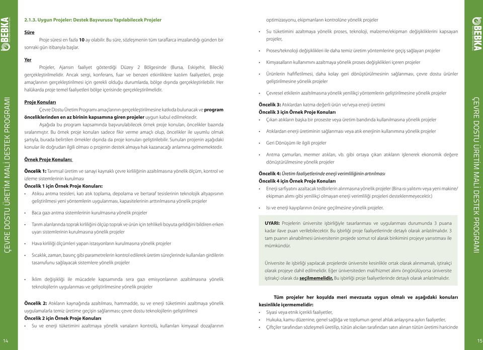 Proses/teknoloji değişiklikleri ile daha temiz üretim yöntemlerine geçiş sağlayan projeler Yer Projeler, Ajansın faaliyet gösterdiği Düzey 2 Bölgesinde (Bursa, Eskişehir, Bilecik)