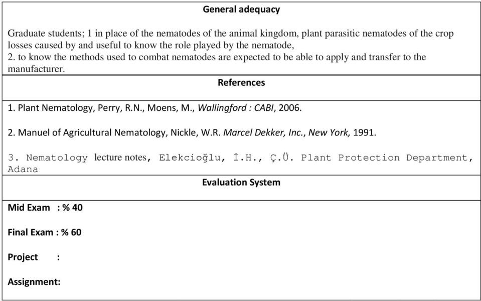 References 1. Plant Nematology, Perry, R.N., Moens, M., Wallingford : CABI, 2006. 2. Manuel of Agricultural Nematology, Nickle, W.R. Marcel Dekker, Inc.