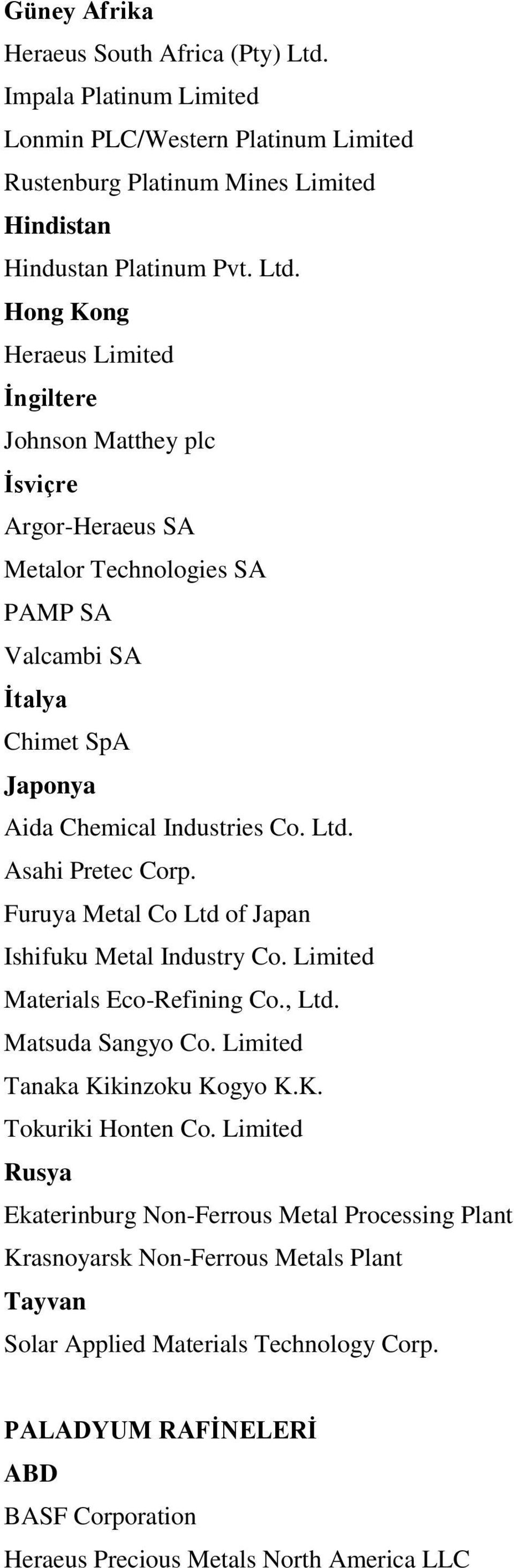 Hong Kong Heraeus Limited İngiltere Johnson Matthey plc İsviçre Argor-Heraeus SA Metalor Technologies SA PAMP SA Valcambi SA İtalya Chimet SpA Japonya Aida Chemical Industries Co. Ltd.