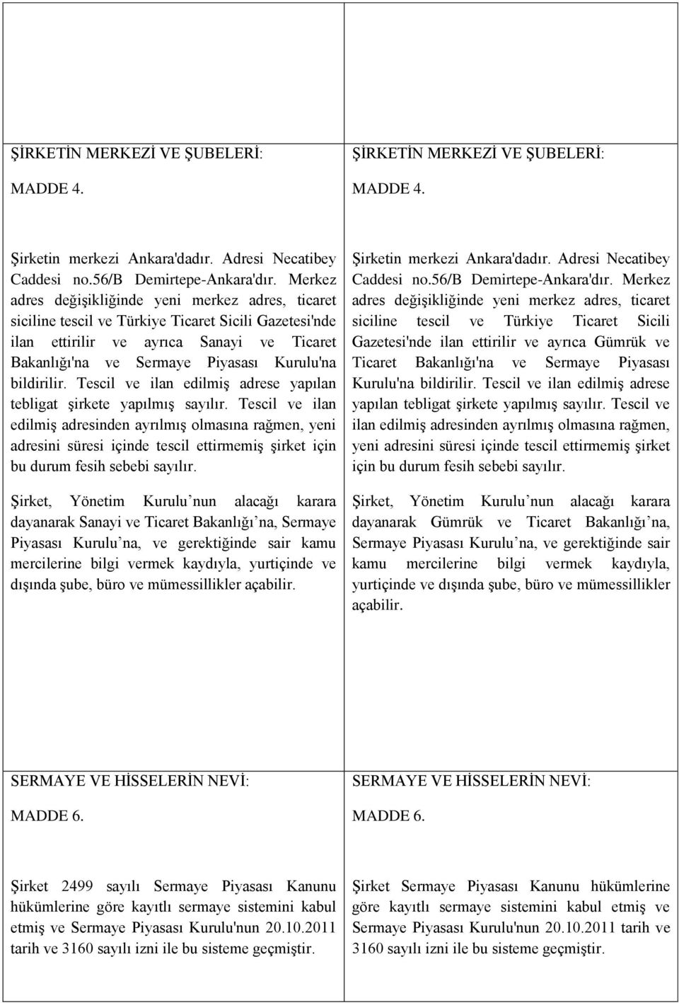 bildirilir. Tescil ve ilan edilmiş adrese yapılan tebligat şirkete yapılmış sayılır.