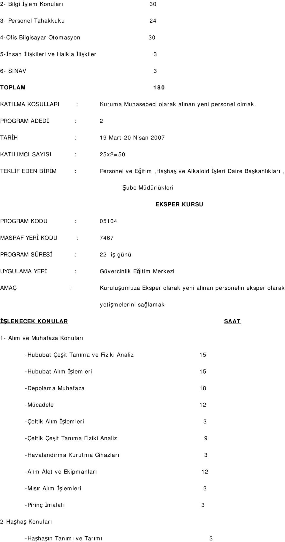 PROGRAM ADEDİ : 2 TARİH : 19 Mart-20 Nisan 2007 KATILIMCI SAYISI : 25x2=50 TEKLİF EDEN BİRİM : Personel ve Eğitim,Haşhaş ve Alkaloid İşleri Daire Başkanlıkları, Şube Müdürlükleri EKSPER KURSU PROGRAM