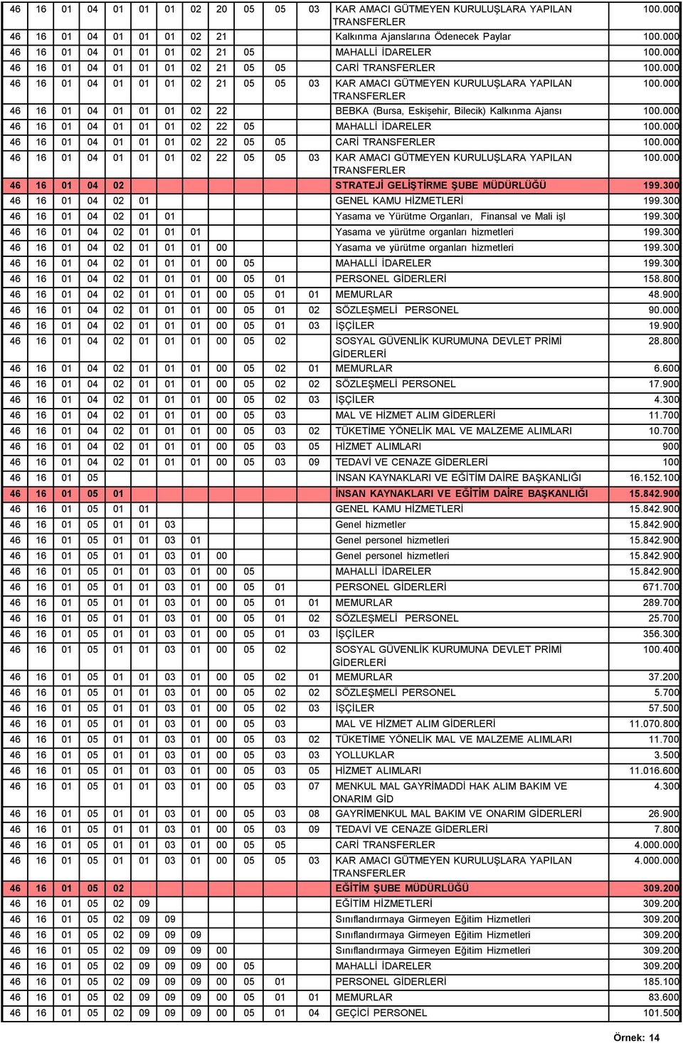 000 46 16 01 04 01 01 01 02 21 05 05 03 KAR AMACI GÜTMEYEN KURULUŞLARA YAPILAN TRANSFERLER 100.000 46 16 01 04 01 01 01 02 22 BEBKA (Bursa, Eskişehir, Bilecik) Kalkınma Ajansı 100.