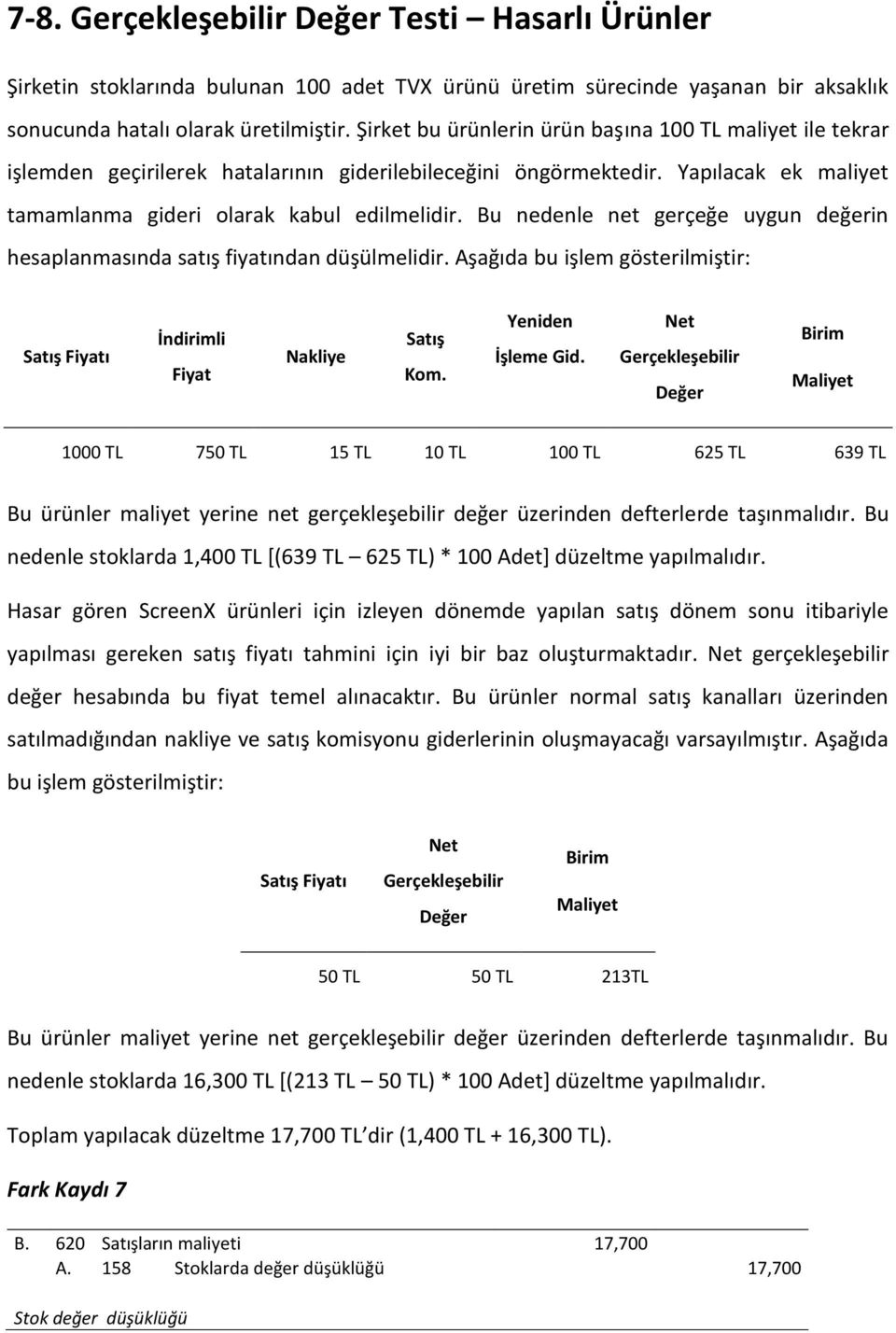 Bu nedenle net gerçeğe uygun değerin hesaplanmasında satış fiyatından düşülmelidir. Aşağıda bu işlem gösterilmiştir: Satış Fiyatı İndirimli Fiyat Nakliye Satış Kom. Yeniden İşleme Gid.