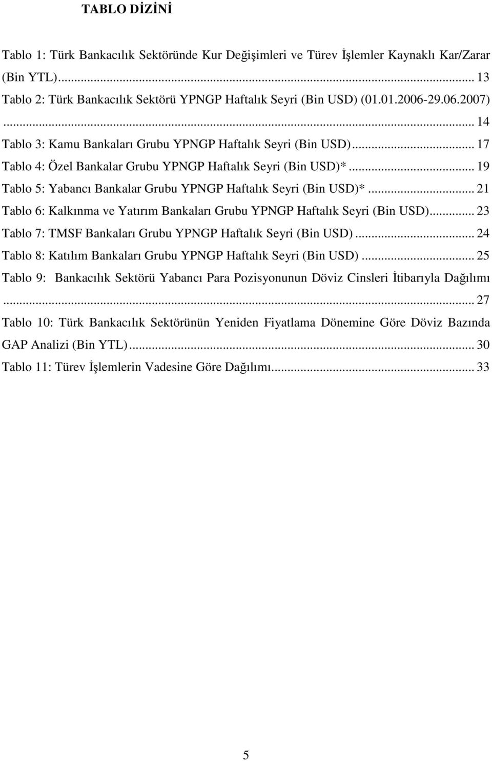 .. 19 Tablo 5: Yabancı Bankalar Grubu YPNGP Haftalık Seyri (Bin USD)*... 21 Tablo 6: Kalkınma ve Yatırım Bankaları Grubu YPNGP Haftalık Seyri (Bin USD).