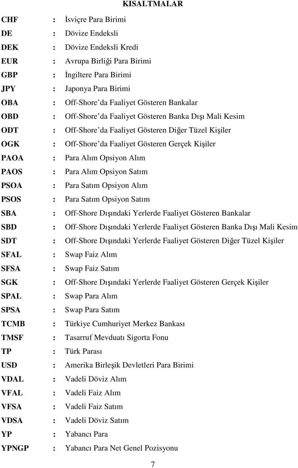 : Para Alım Opsiyon Alım PAOS : Para Alım Opsiyon Satım PSOA : Para Satım Opsiyon Alım PSOS : Para Satım Opsiyon Satım SBA : Off-Shore Dışındaki Yerlerde Faaliyet Gösteren Bankalar SBD : Off-Shore