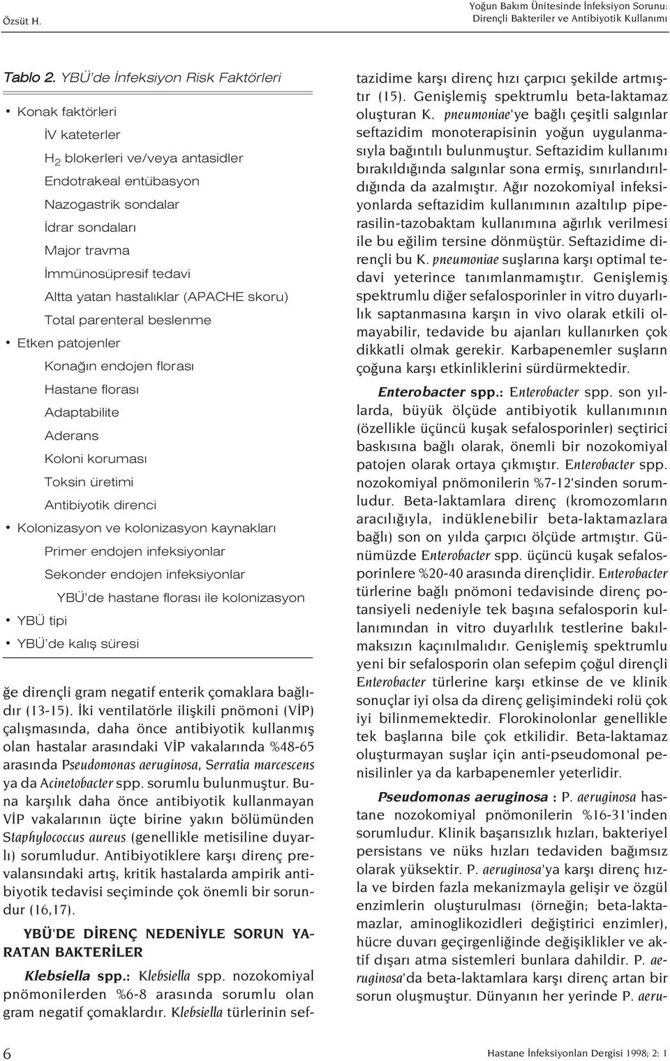 yatan hastal klar (APACHE skoru) Total parenteral beslenme Etken patojenler Kona n endojen floras Hastane floras Adaptabilite Aderans Koloni korumas Toksin üretimi Antibiyotik direnci Kolonizasyon ve