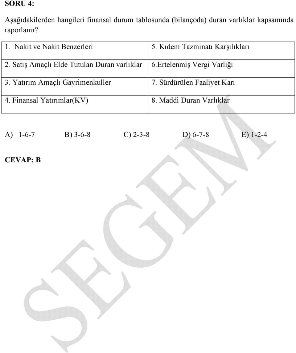 Satış Amaçlı Elde Tutulan Duran varlıklar 6.Ertelenmiş Vergi Varlığı 3.