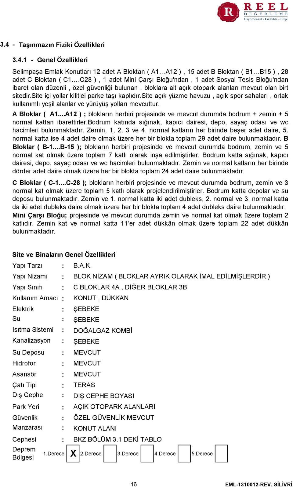 site içi yollar kilitlei parke taşı kaplıdır.site açık yüzme havuzu, açık spor sahaları, ortak kullanımlı yeşil alanlar ve yürüyüş yolları mevcuttur. A Bloklar ( A1.