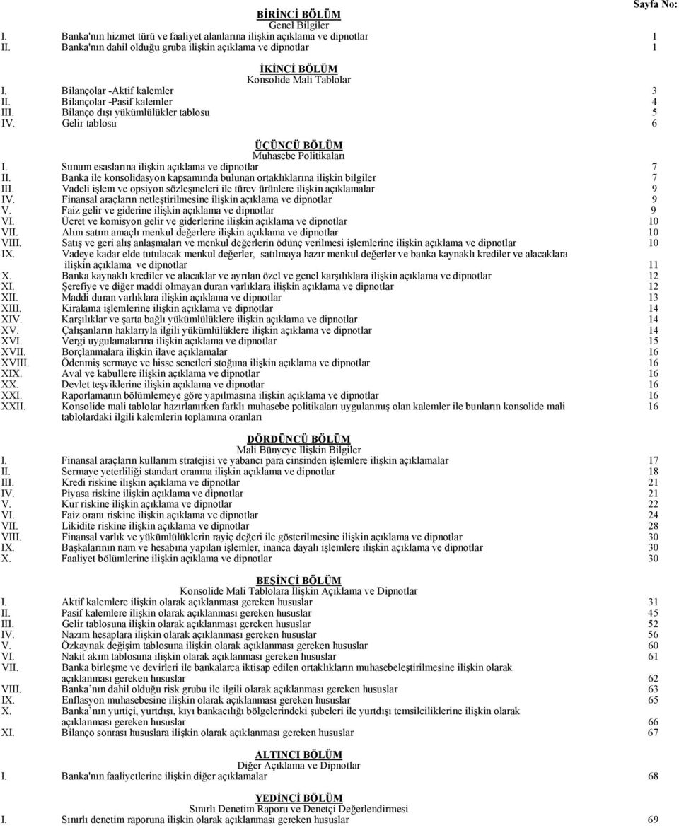 Bilanço dışı yükümlülükler tablosu 5 IV. Gelir tablosu 6 ÜÇÜNCÜ BÖLÜM Muhasebe Politikaları I. Sunum esaslarına ilişkin açıklama ve dipnotlar 7 II.