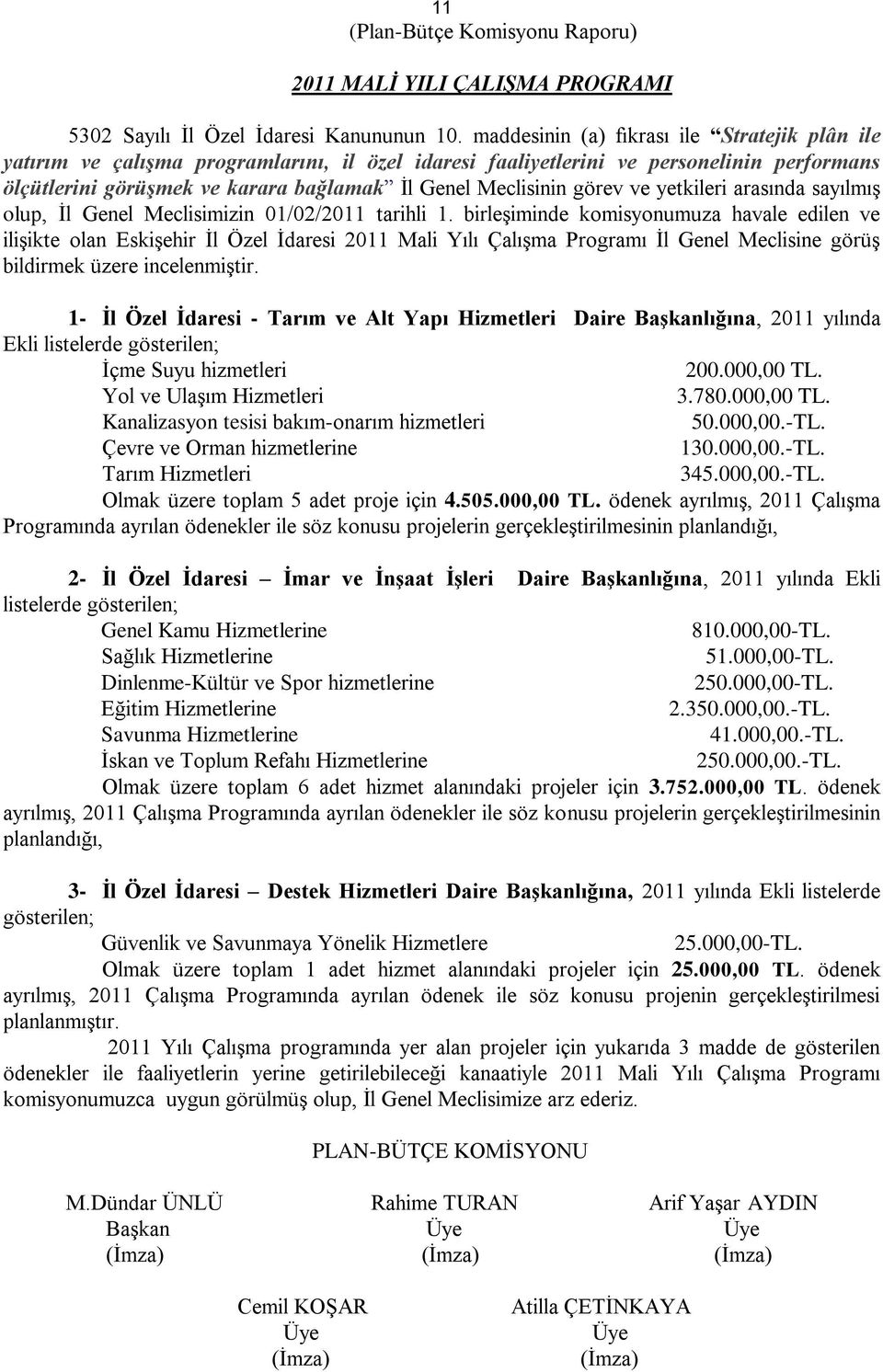 görev ve yetkileri arasında sayılmıģ olup, Ġl Genel Meclisimizin 01/02/2011 tarihli 1.