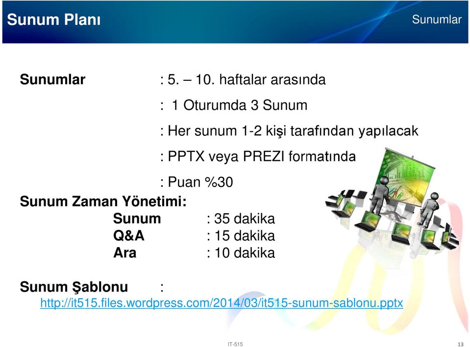 : PPTX veya PREZI formatında : Puan %30 Sunum Zaman Yönetimi: Sunum : 35 dakika