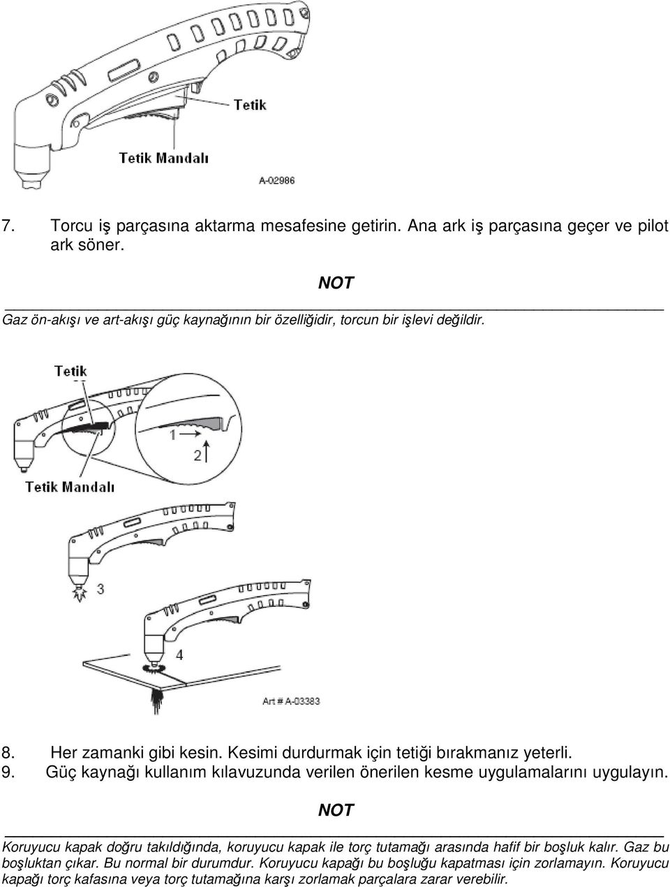 Kesimi durdurmak için tetiği bırakmanız yeterli. 9. Güç kaynağı kullanım kılavuzunda verilen önerilen kesme uygulamalarını uygulayın.