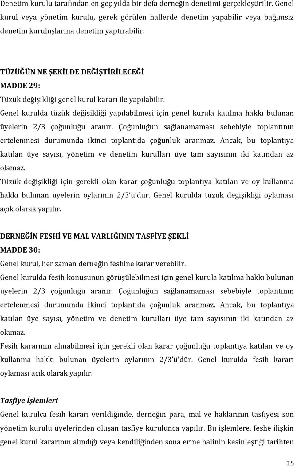 TÜZÜĞÜN NE ŞEKİLDE DEĞİŞTİRİLECEĞİ MADDE 29: Tüzük değişikliği genel kurul kararı ile yapılabilir.