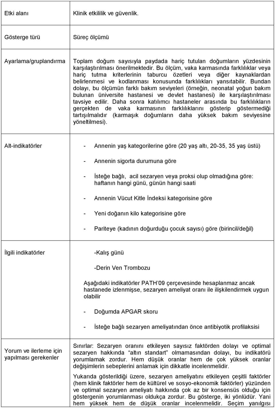 Bundan dolayı, bu ölçümün farklı bakım seviyeleri (örneğin, neonatal yoğun bakım bulunan üniversite hastanesi ve devlet hastanesi) ile karşılaştırılması tavsiye edilir.