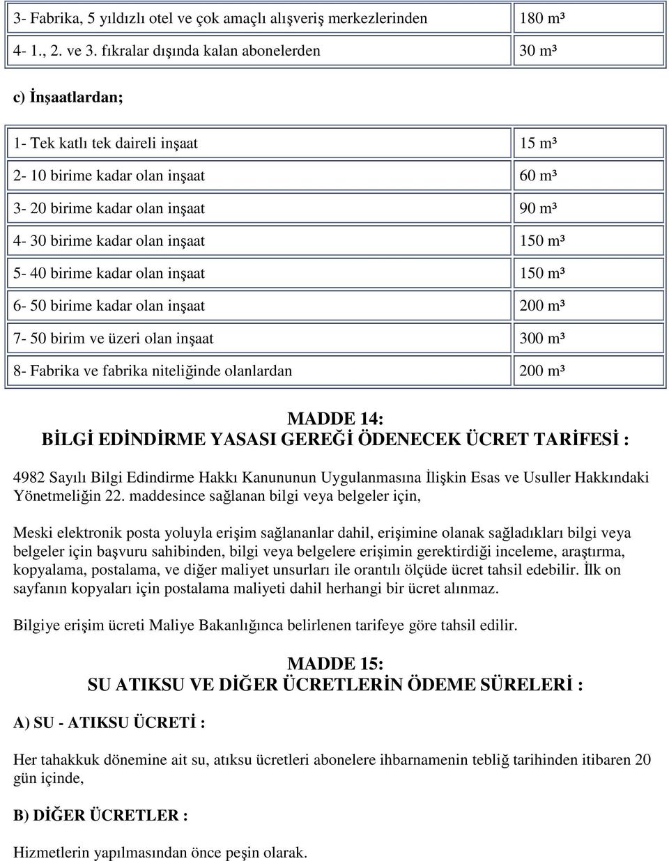 150 m³ 5-40 birime kadar olan inşaat 150 m³ 6-50 birime kadar olan inşaat 200 m³ 7-50 birim ve üzeri olan inşaat 300 m³ 8- Fabrika ve fabrika niteliğinde olanlardan 200 m³ MADDE 14: BĐLGĐ EDĐNDĐRME