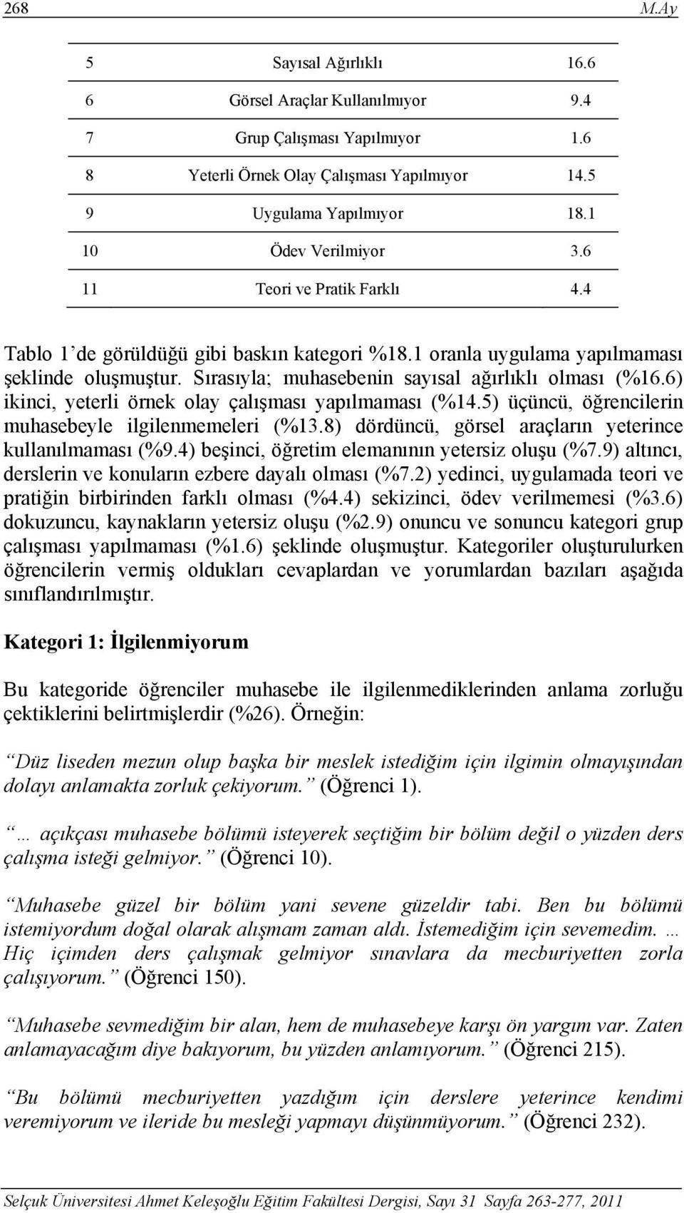 6) ikinci, yeterli örnek olay çalışması yapılmaması (%14.5) üçüncü, öğrencilerin muhasebeyle ilgilenmemeleri (%13.8) dördüncü, görsel araçların yeterince kullanılmaması (%9.