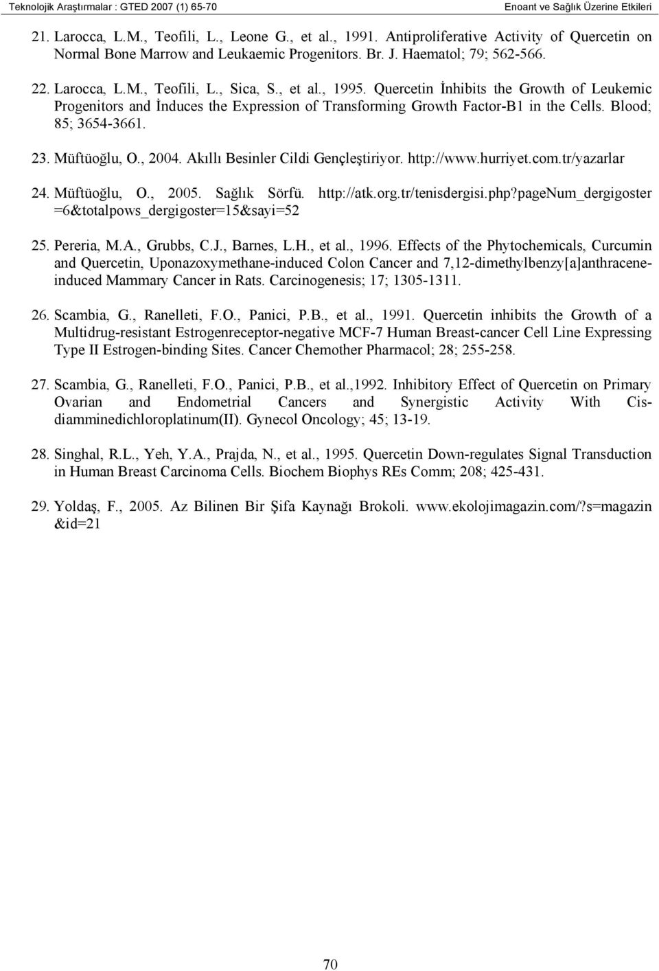 Quercetin Đnhibits the Growth of Leukemic Progenitors and Đnduces the Expression of Transforming Growth Factor-B1 in the Cells. Blood; 85; 3654-3661. 23. Müftüoğlu, O., 2004.