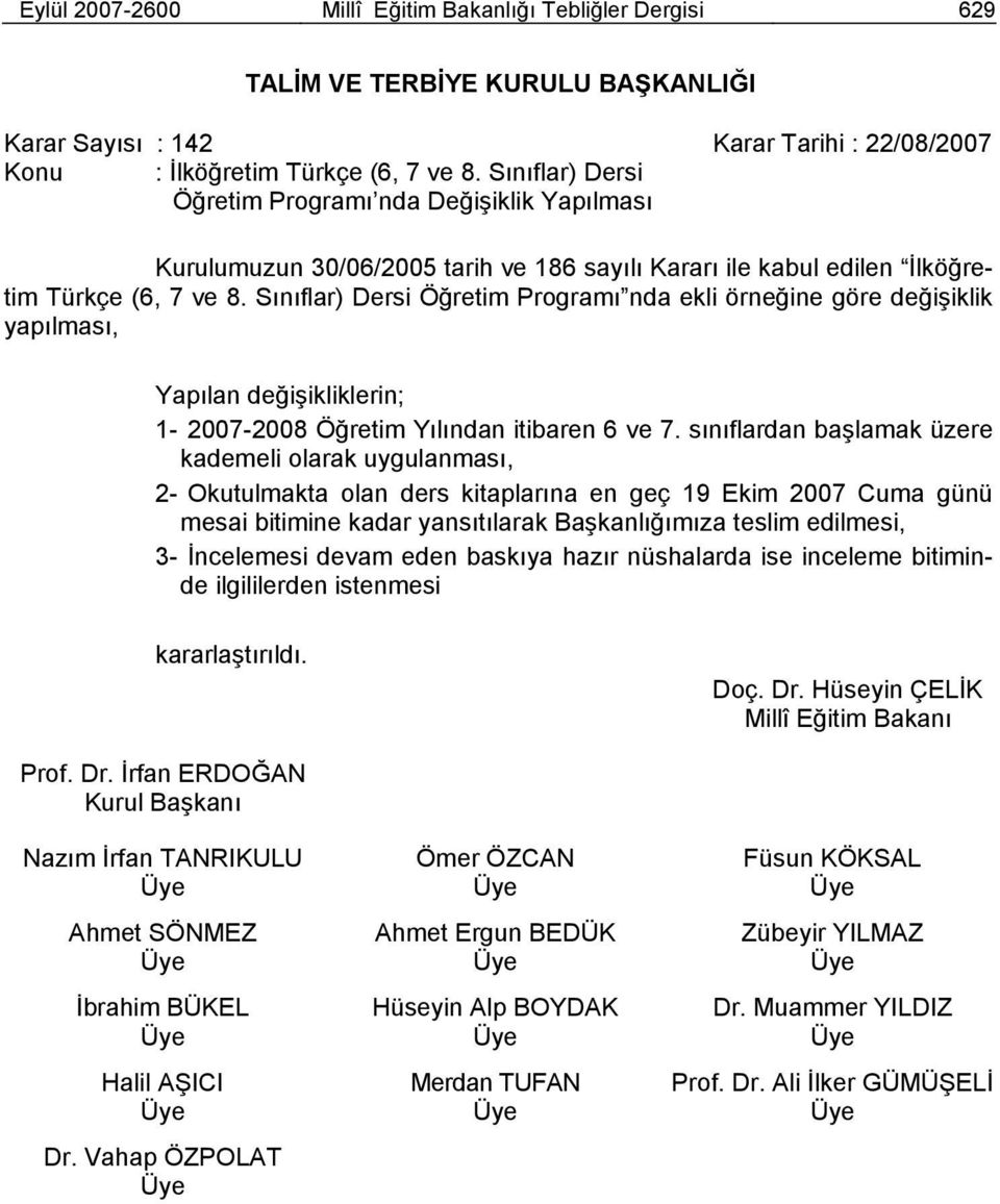 Sınıflar) Dersi Öğretim Programı nda ekli örneğine göre değişiklik yapılması, Yapılan değişikliklerin; 1-2007-2008 Öğretim Yılından itibaren 6 ve 7.