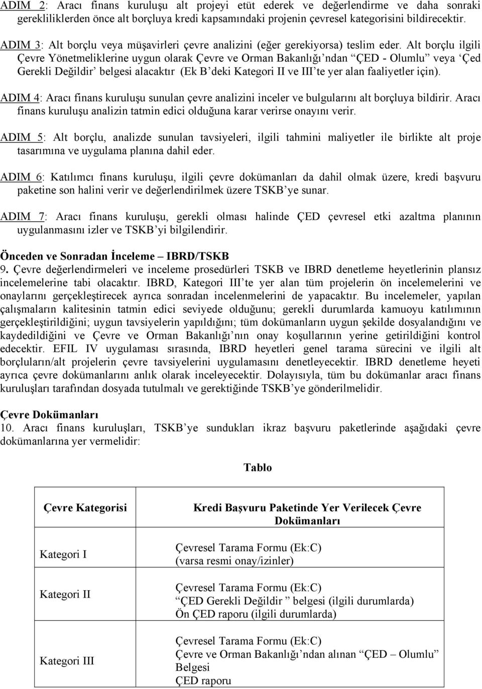 Alt borçlu ilgili Çevre Yönetmeliklerine uygun olarak Çevre ve Orman Bakanlığı ndan ÇED - Olumlu veya Çed Gerekli Değildir belgesi alacaktır (Ek B deki Kategori II ve III te yer alan faaliyetler