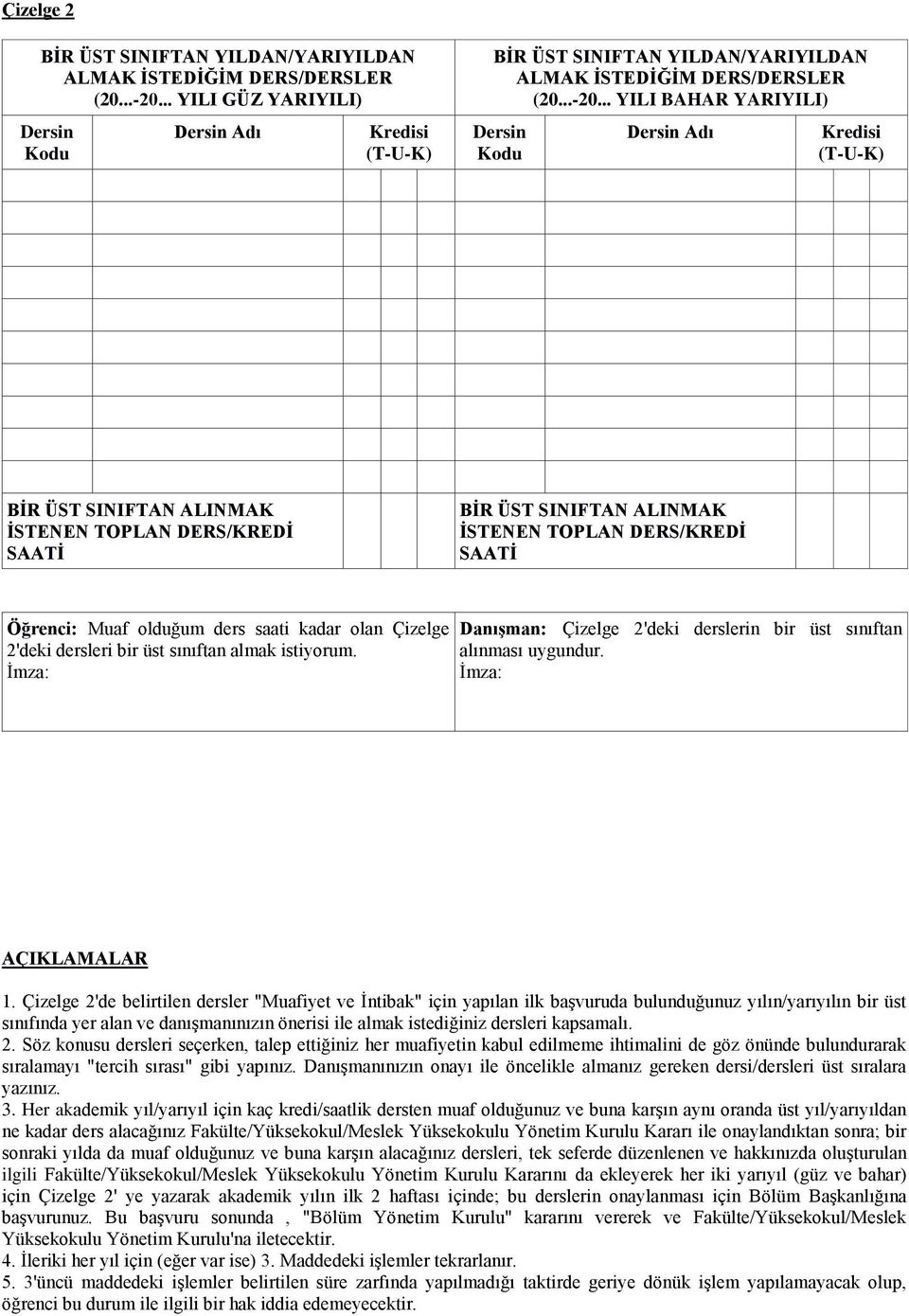 .. YILI BAHAR YARIYILI) BİR ÜST SINIFTAN ALINMAK İSTENEN TOPLAN DERS/KREDİ SAATİ BİR ÜST SINIFTAN ALINMAK İSTENEN TOPLAN DERS/KREDİ SAATİ Öğrenci: Muaf olduğum ders saati kadar olan Çizelge 2'deki