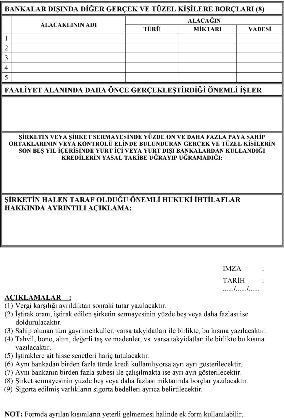 UĞRAYIP UĞRAMADIĞI: ŞİRKETİN HALEN TARAF OLDUĞU ÖNEMLİ HUKUKİ İHTİLAFLAR HAKKINDA AYRINTILI AÇIKLAMA: : TARİH :.../.../... AÇIKLAMALAR : () Vergi karşılığı ayrıldıktan sonraki tutar yazılacaktır.