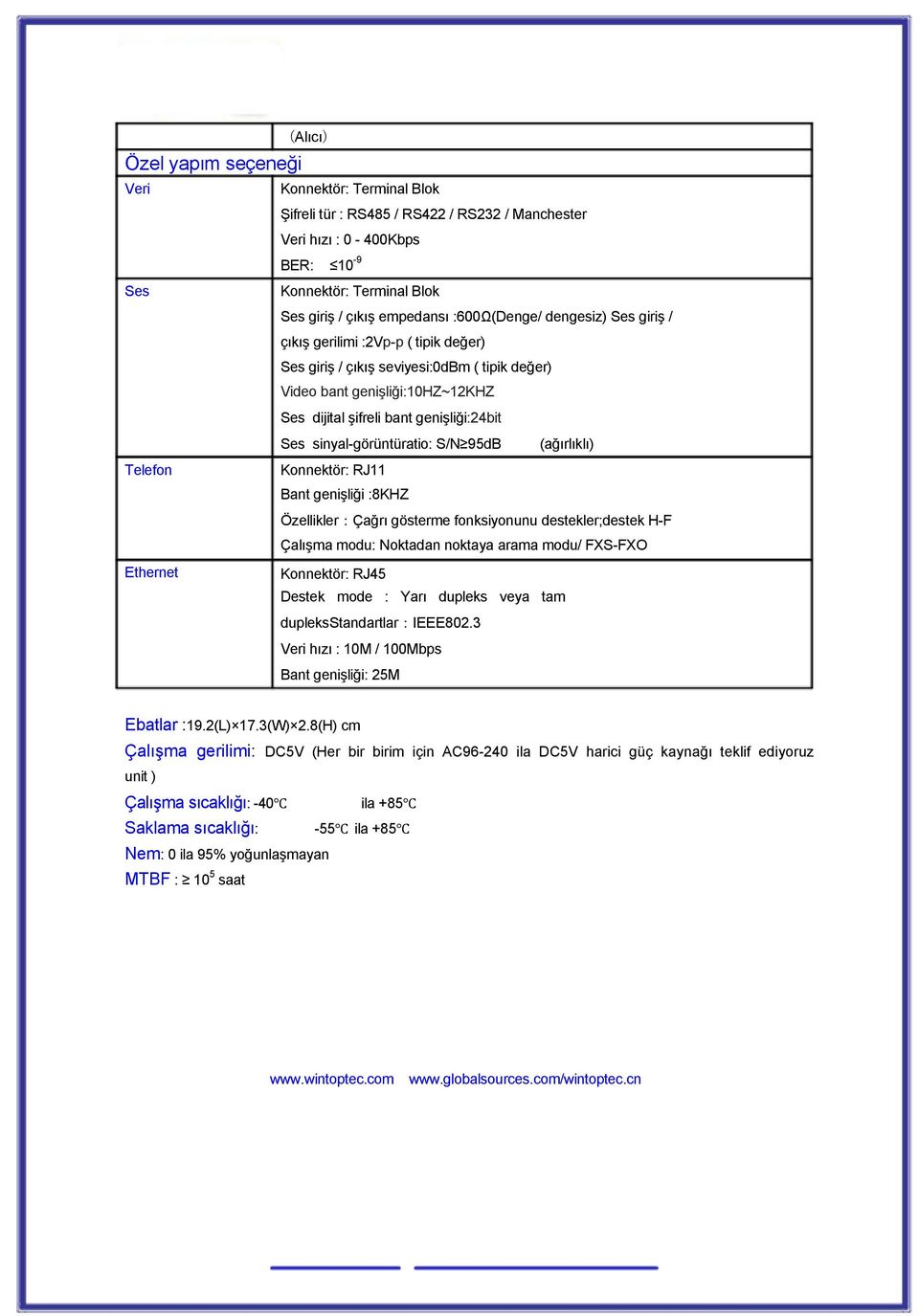 sinyal-görüntüratio: S/N 95dB (ağırlıklı) Telefon Konnektör: RJ11 Bant genişliği :8KHZ Özellikler:Çağrı gösterme fonksiyonunu destekler;destek H-F Çalışma modu: Noktadan noktaya arama modu/ FXS-FXO