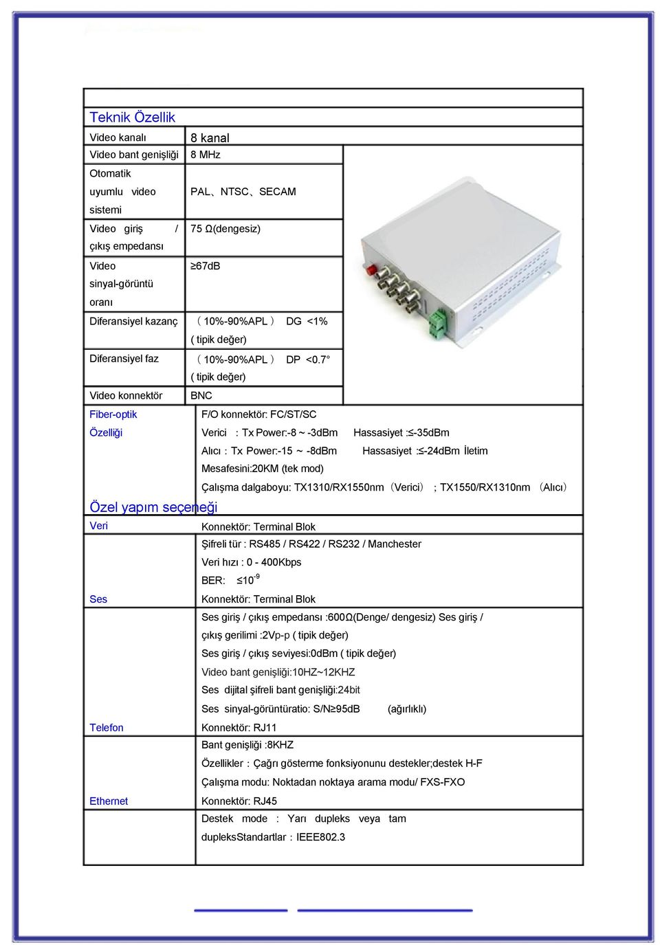 7 ( tipik değer) Video konnektör BNC Fiber-optik F/O konnektör: FC/ST/SC Özelliği Verici :Tx Power:-8 ~ -3dBm Hassasiyet : -35dBm Alıcı:Tx Power:-15 ~ -8dBm Hassasiyet : -24dBm İletim Mesafesini:20KM