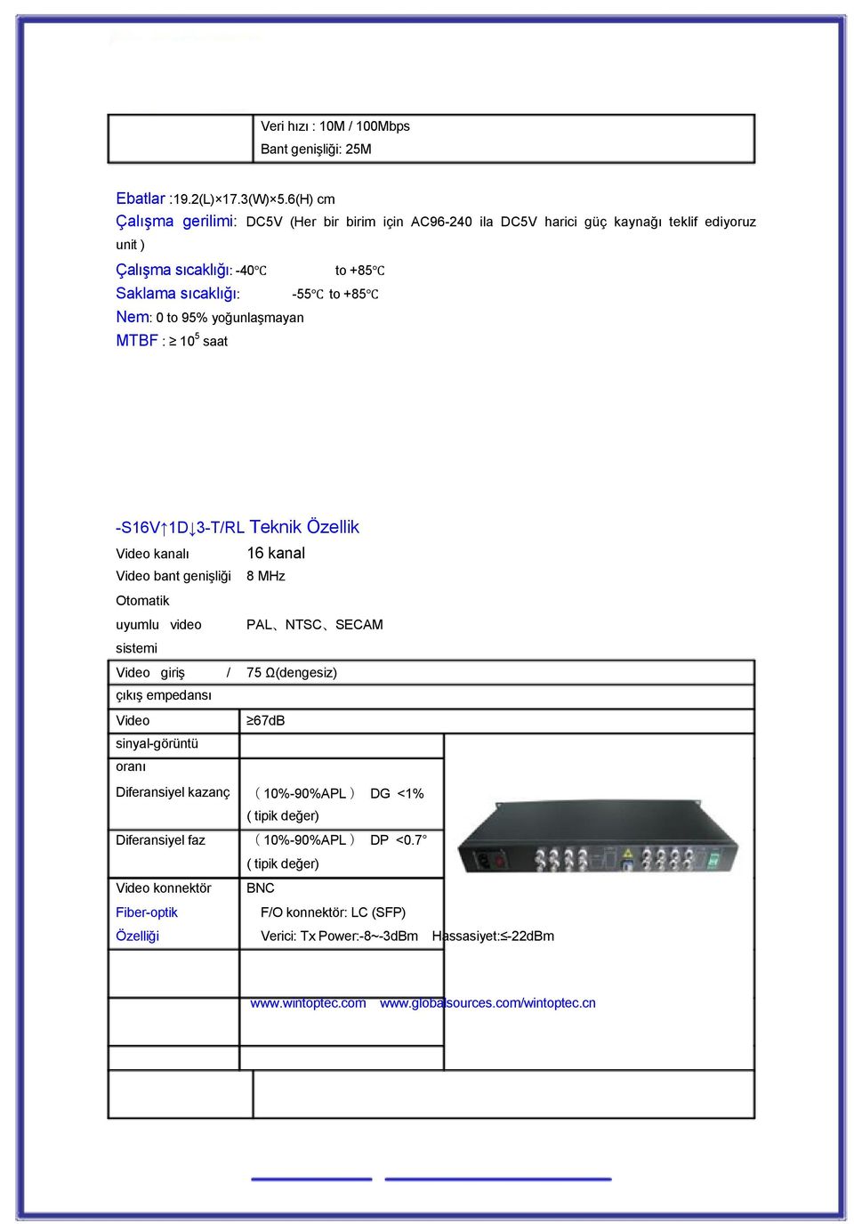 yoğunlaşmayan MTBF : 10 5 saat -S16V 1D 3-T/RL Teknik Özellik Video kanalı 16 kanal Video bant genişliği 8 MHz Otomatik uyumlu video PAL NTSC SECAM sistemi Video giriş / 75 Ω(dengesiz) çıkış