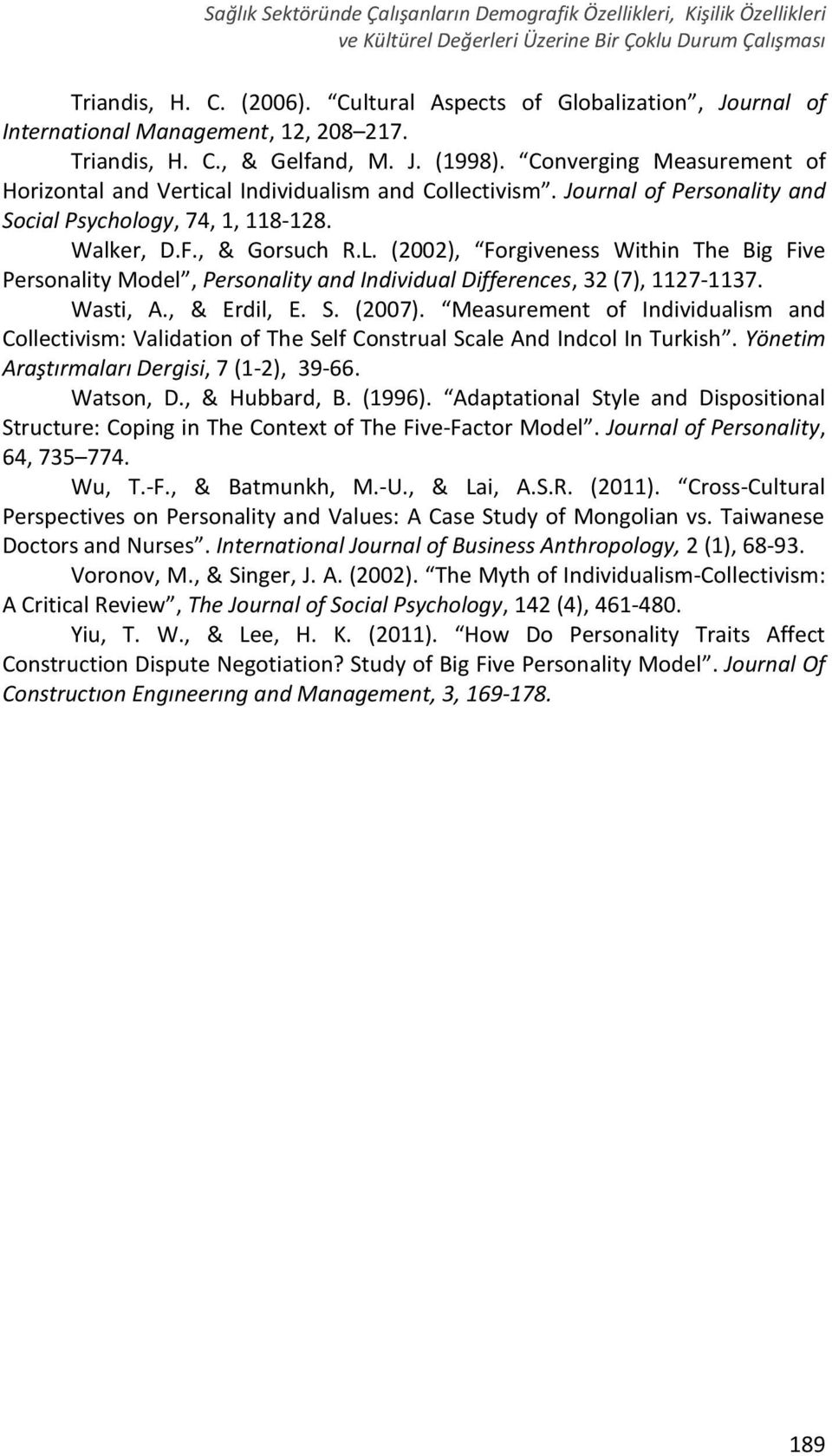 Converging Measurement of Horizontal and Vertical Individualism and Collectivism. Journal of Personality and Social Psychology, 74, 1, 118-128. Walker, D.F., & Gorsuch R.L.