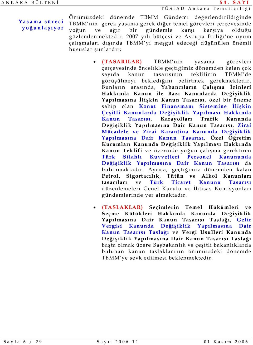 2007 yılı bütçesi ve Avrupa Birliği ne uyum çalışmaları dışında TBMM yi meşgul edeceği düşünülen önemli hususlar şunlardır; (TASARILAR) TBMM nin yasama görevleri çerçevesinde öncelikle geçtiğimiz