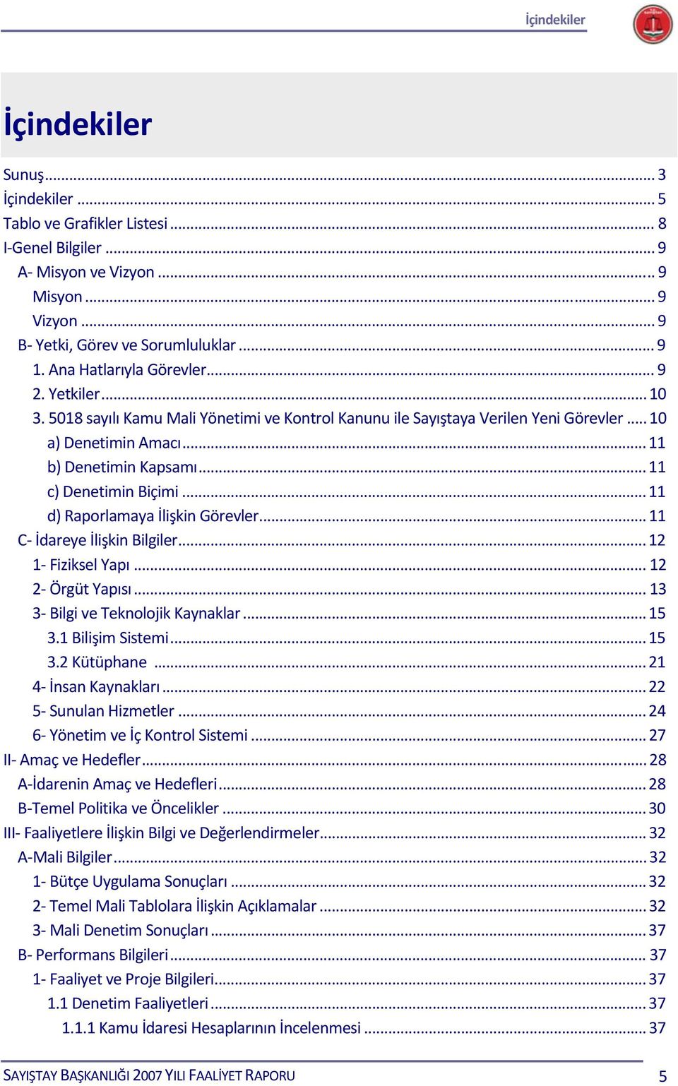 .. 11 c) Denetimin Biçimi... 11 d) Raporlamaya İlişkin Görevler... 11 C İdareye İlişkin Bilgiler... 12 1 Fiziksel Yapı... 12 2 Örgüt Yapısı... 13 3 Bilgi ve Teknolojik Kaynaklar... 15 3.