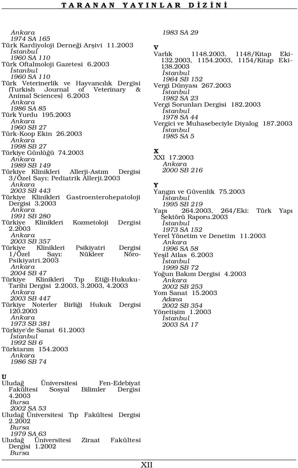 2003 (Turkish Journal of Veterinary & stanbul Animal Sciences) 6.2003 1982 SA 23 Ankara Vergi Sorunlar Dergisi 182.2003 1986 SA 85 stanbul Türk Yurdu 195.