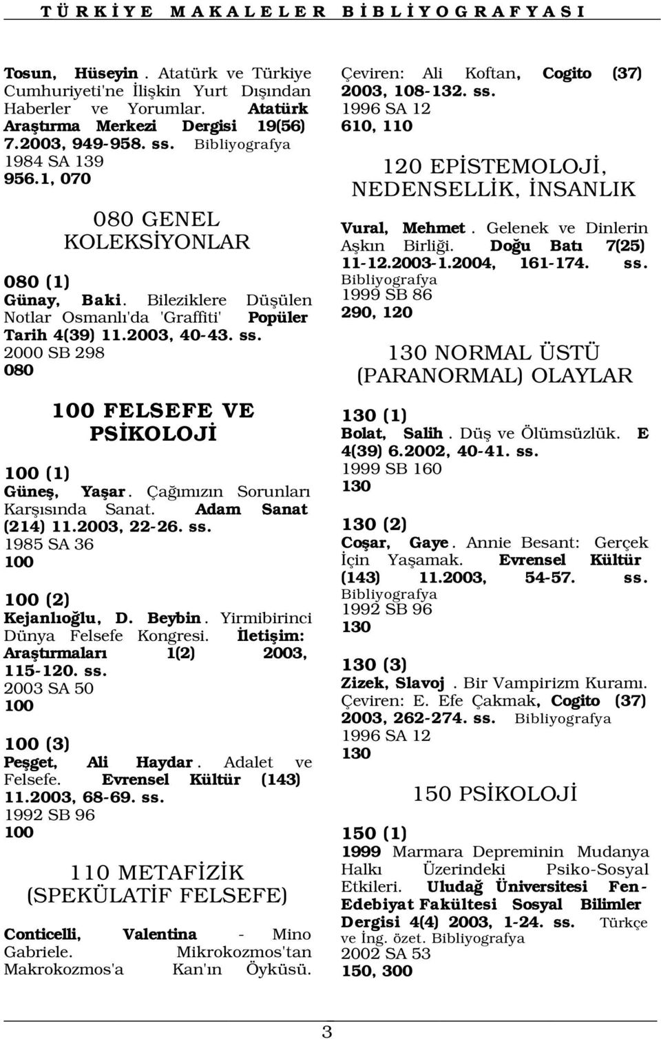 Bileziklere Düflülen Notlar Osmanl 'da 'Graffiti' Popüler Tarih 4(39) 11.2003, 40-43. ss. 2000 SB 298 080 100 FELSEFE VE PS KOLOJ 100 (1) Günefl, Yaflar. Ça m z n Sorunlar Karfl s nda Sanat.