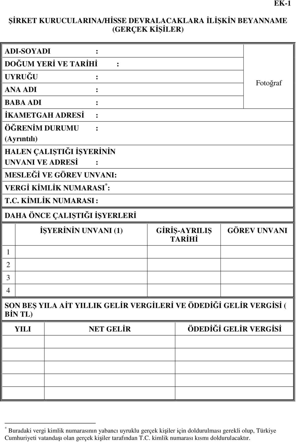 KİMLİK NUMARASI : Fotoğraf DAHA ÖNCE ÇALIŞTIĞI İŞYERLERİ 1 2 3 4 İŞYERİNİN UNVANI (1) GİRİŞ-AYRILIŞ TARİHİ GÖREV UNVANI SON BEŞ YILA AİT YILLIK GELİR VERGİLERİ VE ÖDEDİĞİ GELİR