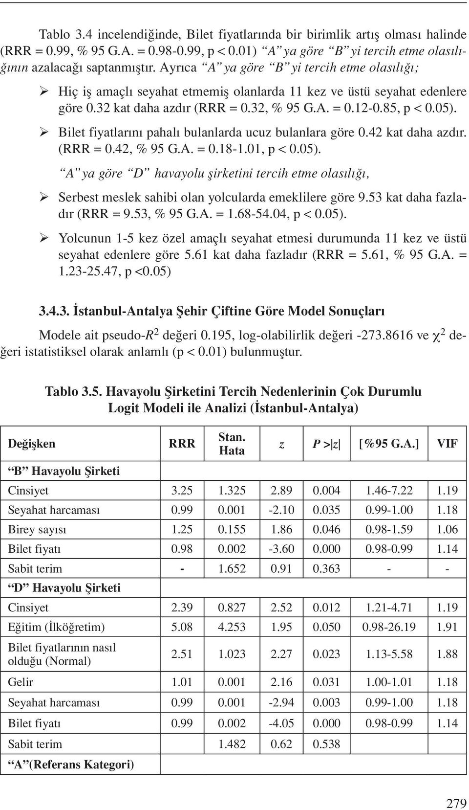 Bilet fiyatlarını pahalı bulanlarda ucuz bulanlara göre 0.42 kat daha azdır. (RRR = 0.42, % 95 G.A. = 0.18-1.01, p < 0.05).