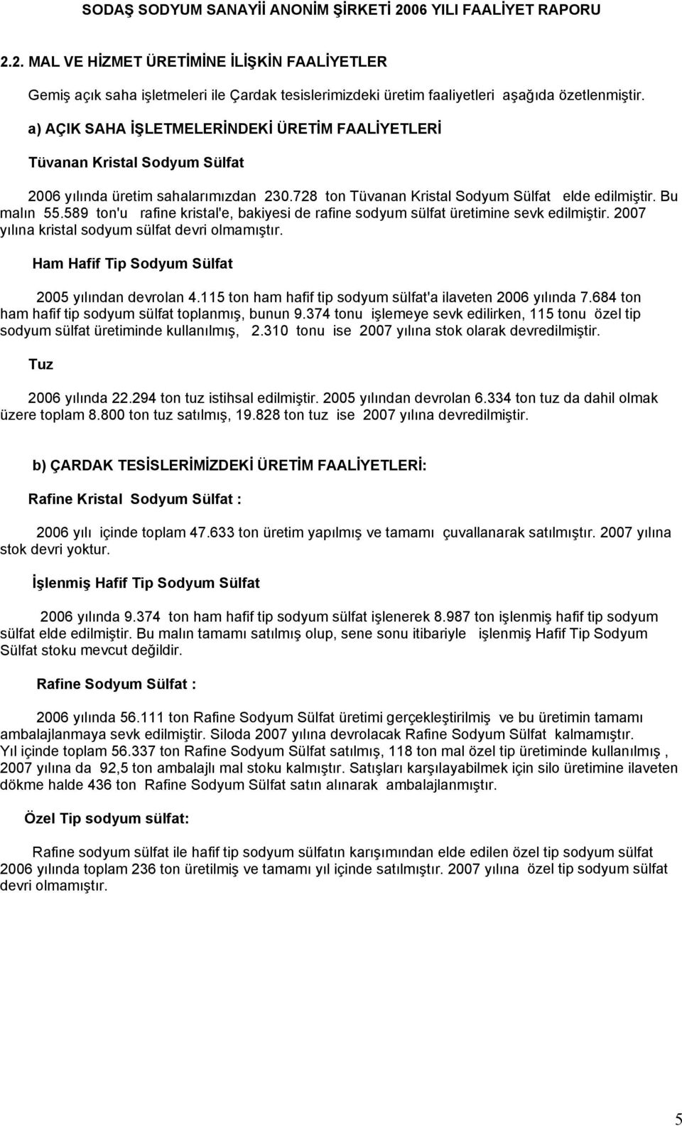 589 ton'u rafine kristal'e, bakiyesi de rafine sodyum sülfat üretimine sevk edilmiştir. 2007 yılına kristal sodyum sülfat devri olmamıştır. Ham Hafif Tip Sodyum Sülfat 2005 yılından devrolan 4.