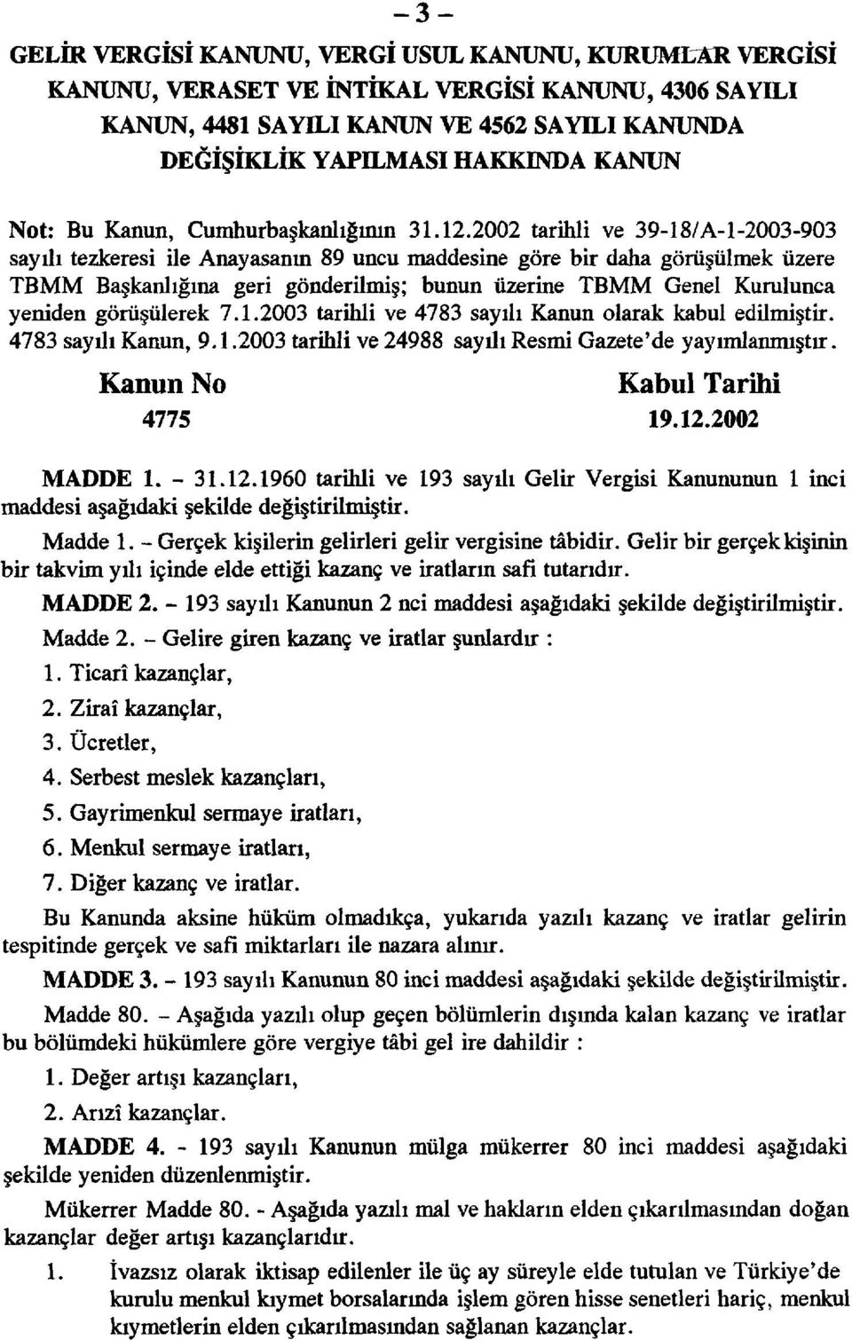 2002 tarihli ve 39-18/A-l-2003-903 sayılı tezkeresi ile Anayasanın 89 uncu maddesine göre bir daha görüşülmek üzere TBMM Başkanlığına geri gönderilmiş; bunun üzerine TBMM Genel Kurulunca yeniden