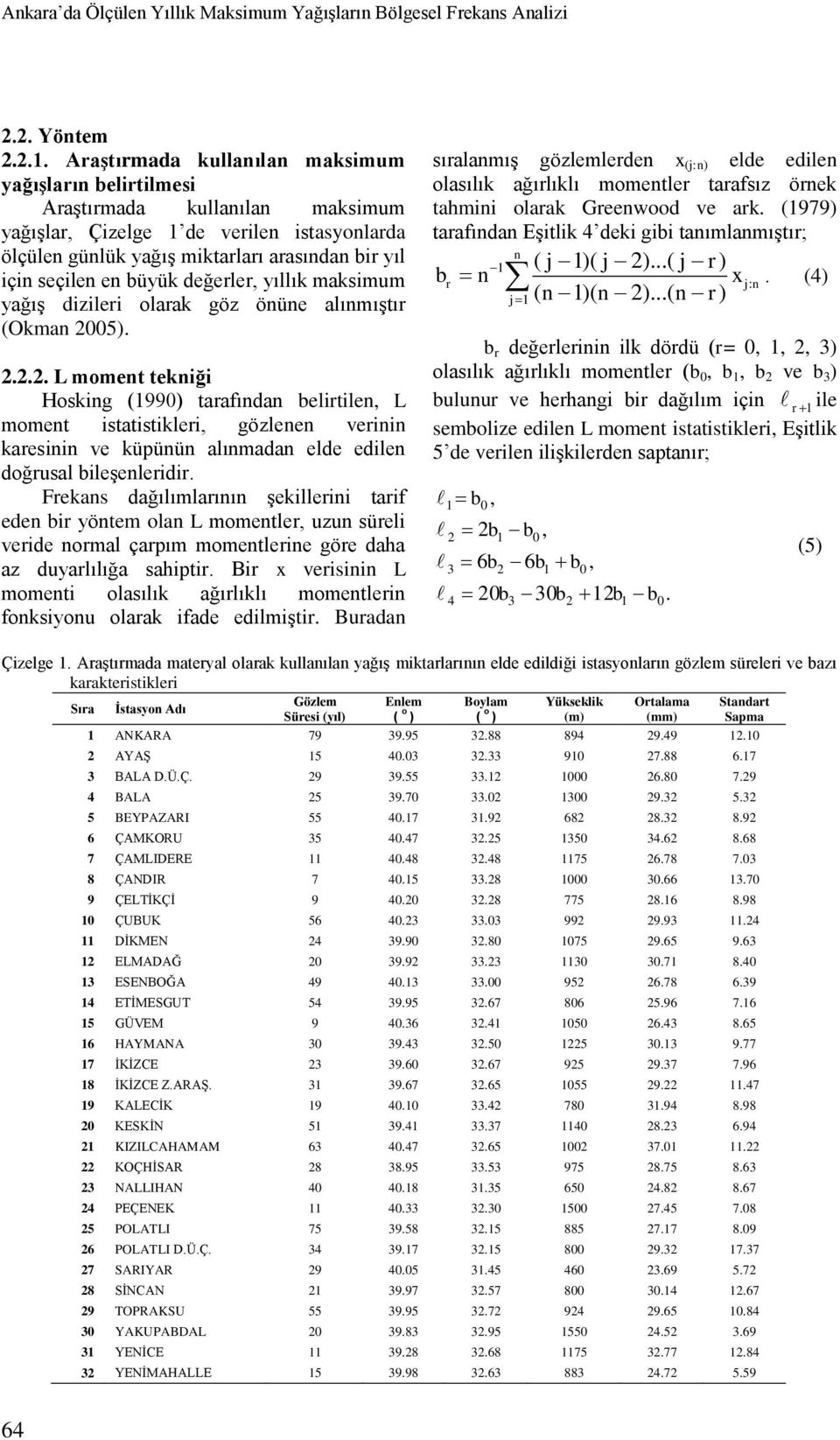 büyük değerler, yıllık maksmum yağıģ dzler olarak göz önüne alınmıģtır (Okman 20