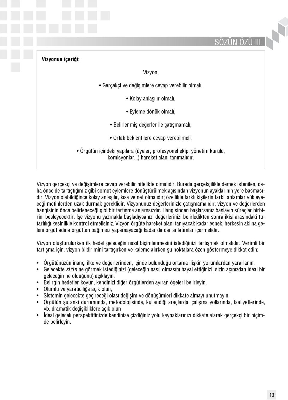 Burada gerçekçilikle demek istenilen, daha önce de tart flt m z gibi somut eylemlere dönüfltürülmek aç s ndan vizyonun ayaklar n n yere basmas - d r.