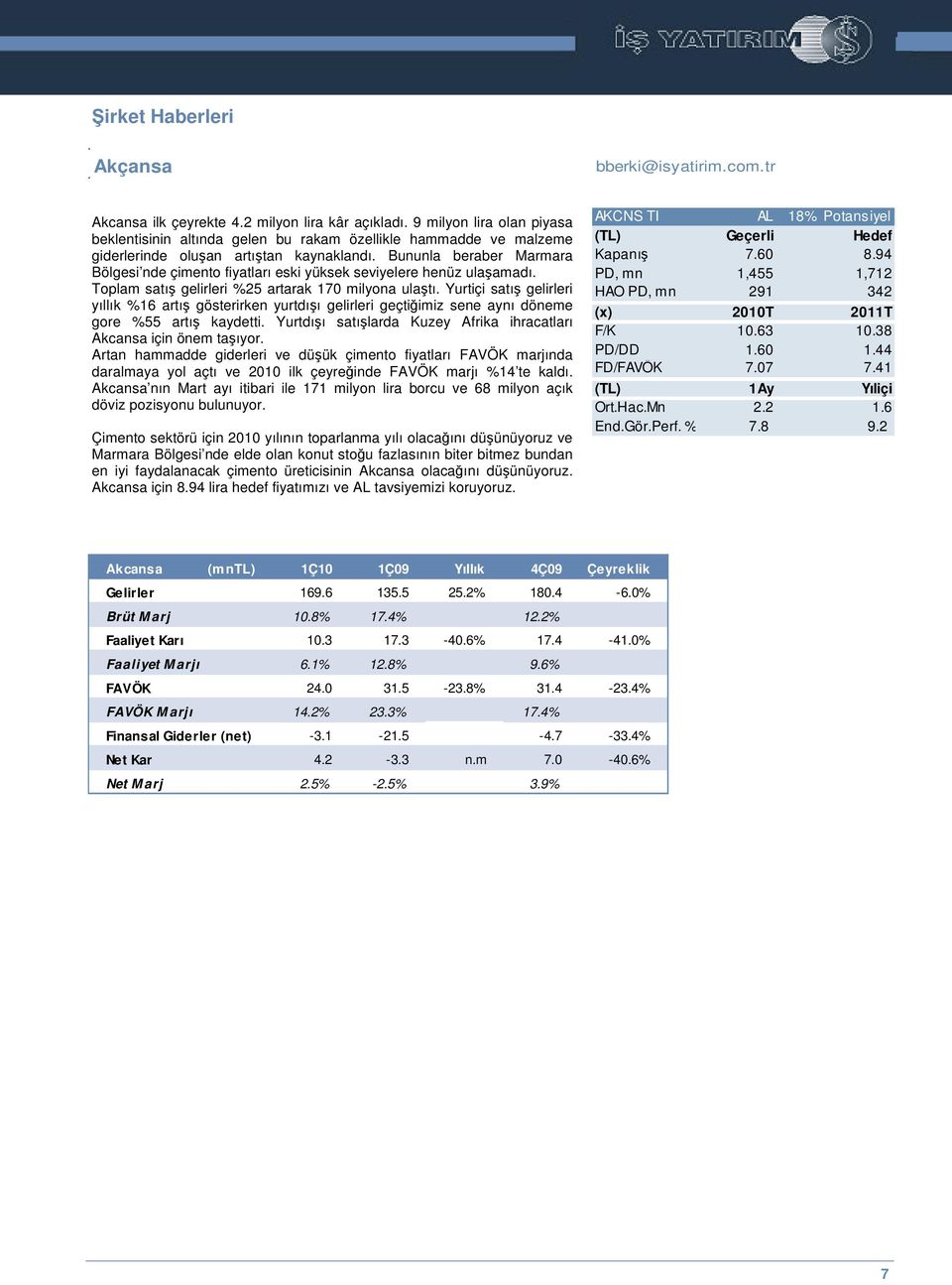 Bununla beraber Marmara Bölgesi nde çimento fiyatları eski yüksek seviyelere henüz ulaamadı. Toplam satı gelirleri %25 artarak 170 milyona ulatı.